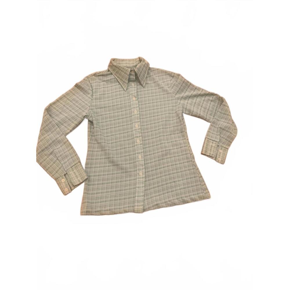 Vintage Women's Long Sleeve Button-Up Blouse with Plaid Pattern